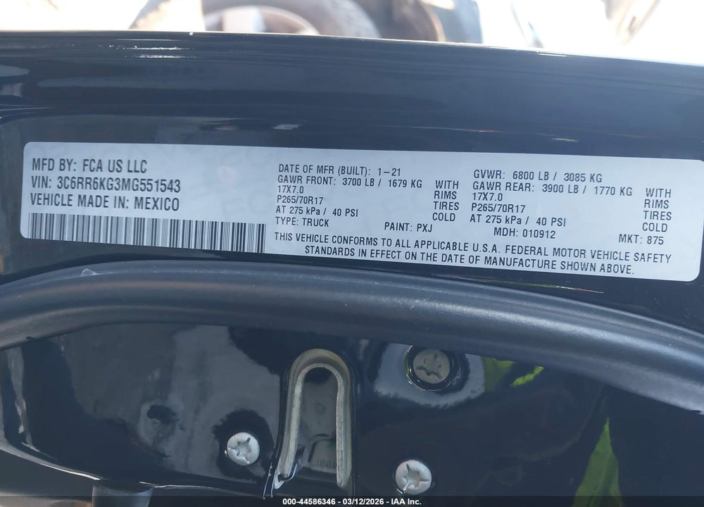 2021 RAM 1500 CLASSIC TRADESMAN  4X2 5'7 BOX VIN: 3C6RR6KG3MG551543