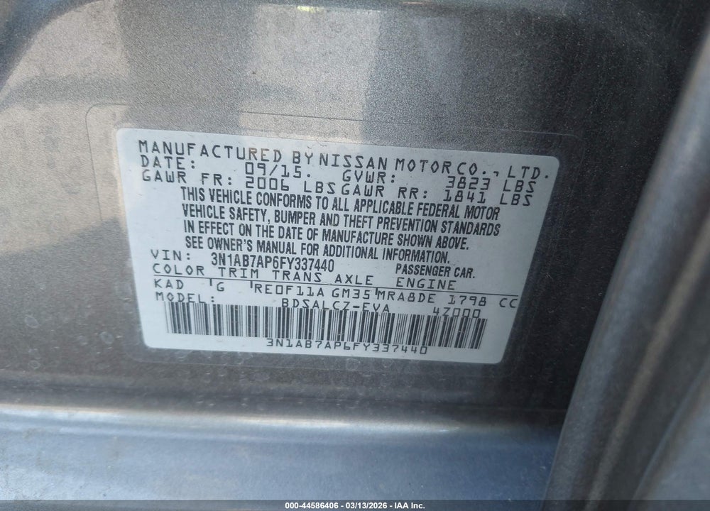 2015 NISSAN SENTRA S VIN: 3N1AB7AP6FY337440