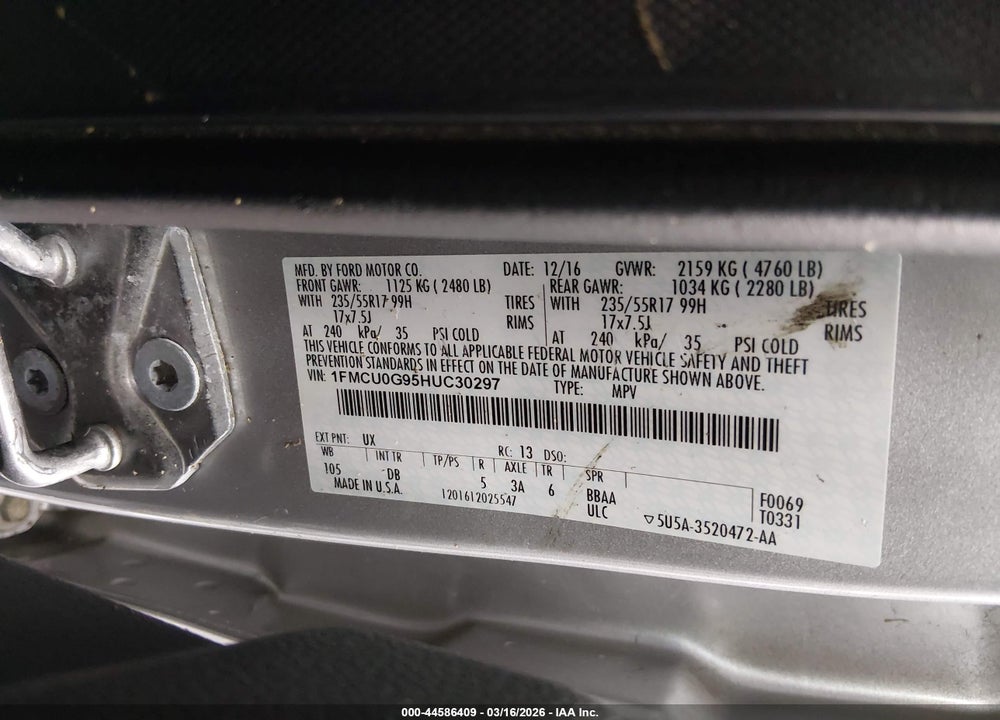 2017 FORD ESCAPE SE VIN: 1FMCU0G95HUC30297