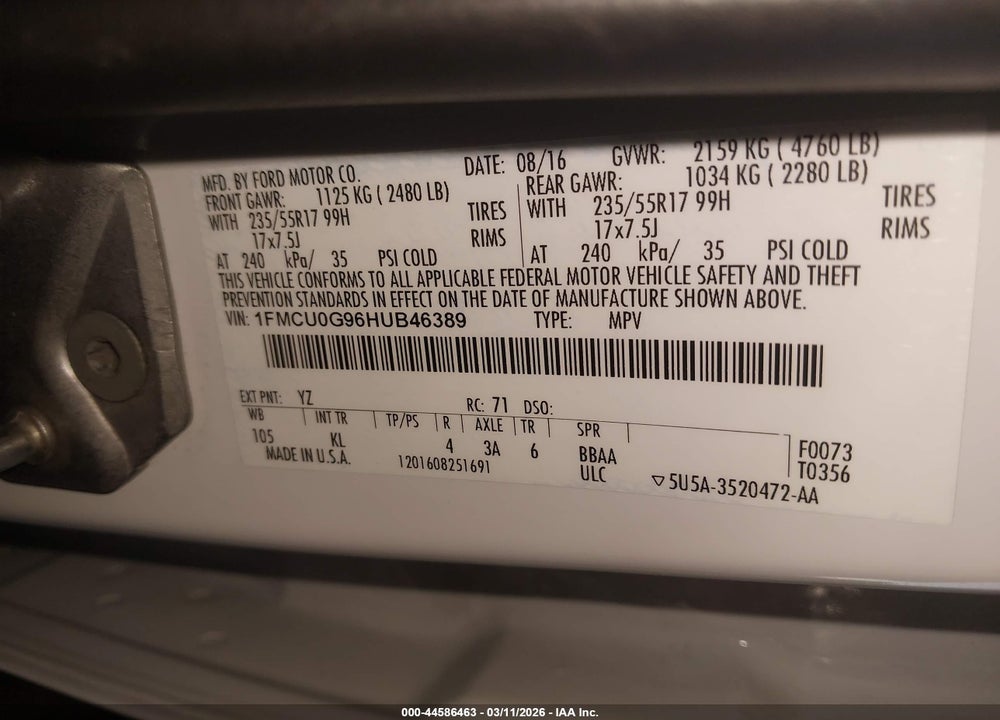 2017 FORD ESCAPE SE VIN: 1FMCU0G96HUB46389