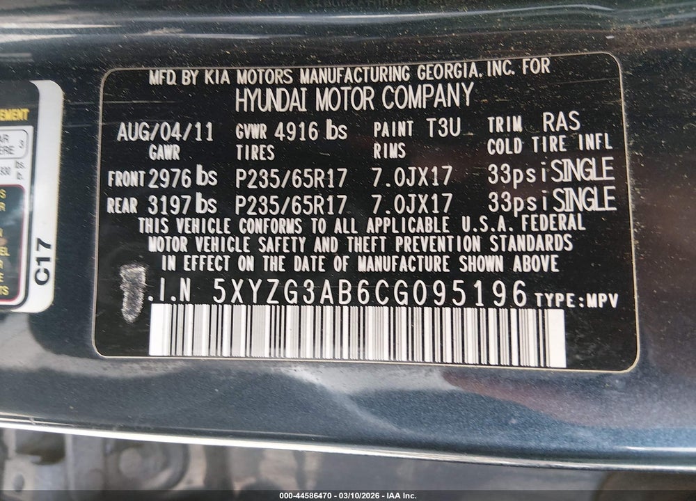 2012 HYUNDAI SANTA FE GLS VIN: 5XYZG3AB6CG095196