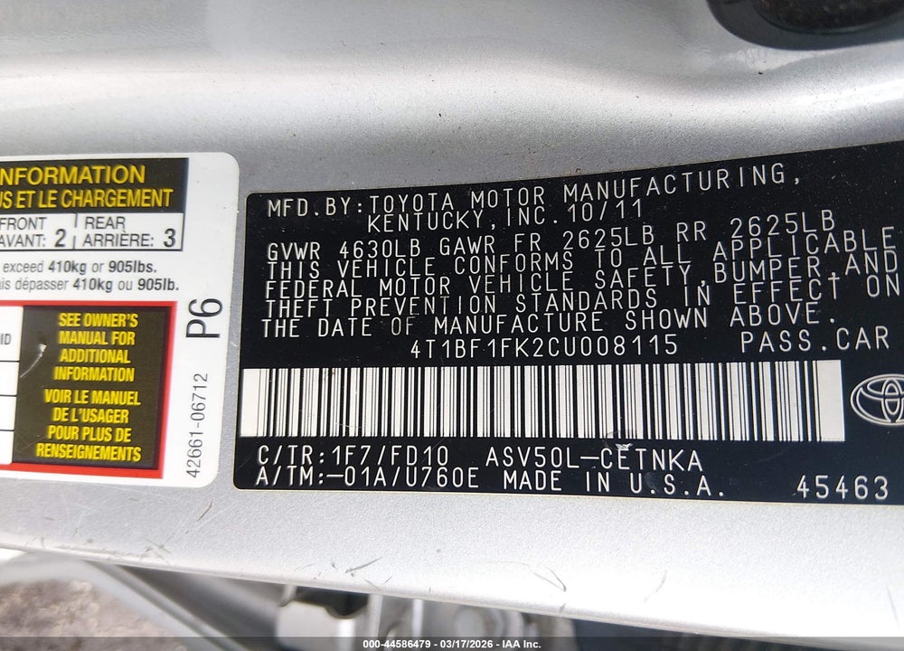 2012 TOYOTA CAMRY LE VIN: 4T1BF1FK2CU008115