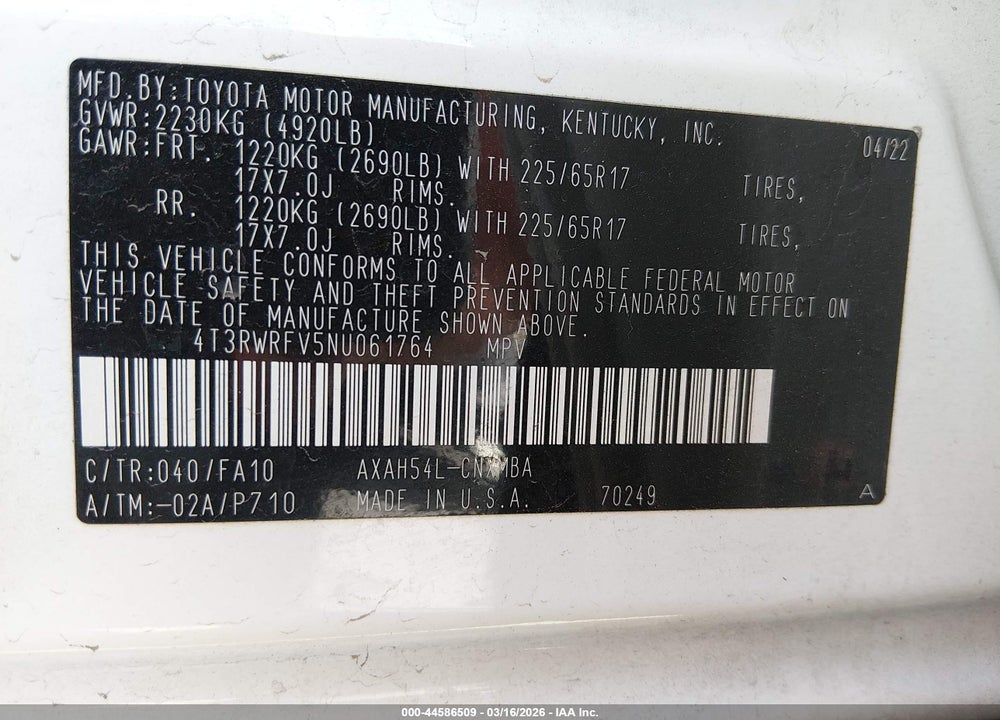 2022 TOYOTA RAV4 HYBRID XLE VIN: 4T3RWRFV5NU061764