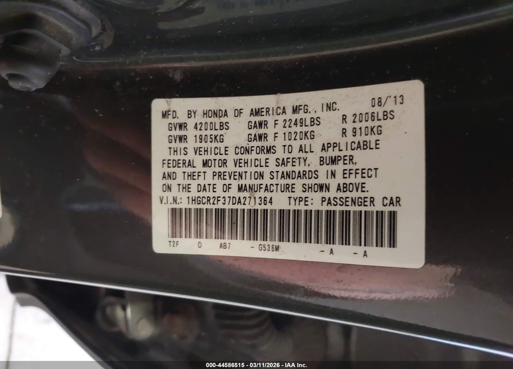 2013 HONDA ACCORD LX VIN: 1HGCR2F37DA271364