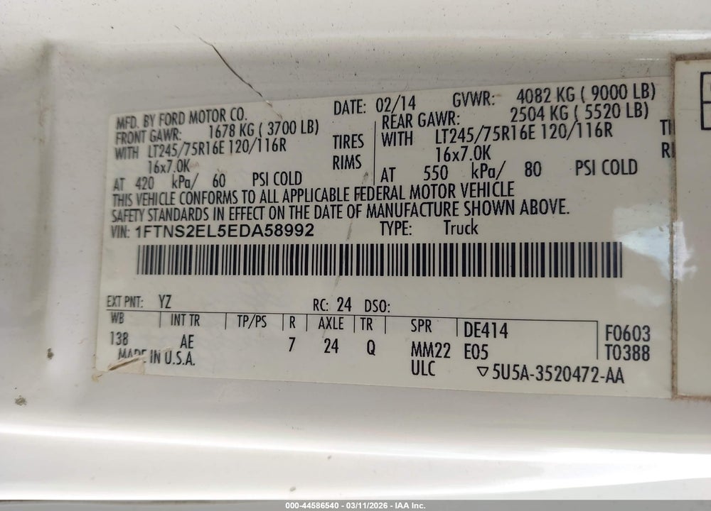2014 FORD E-250 COMMERCIAL VIN: 1FTNS2EL5EDA58992