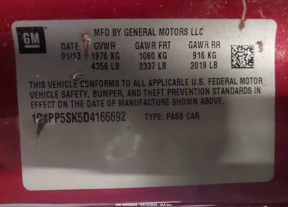 2013 BUICK VERANO VIN: 1G4PP5SK5D4166692