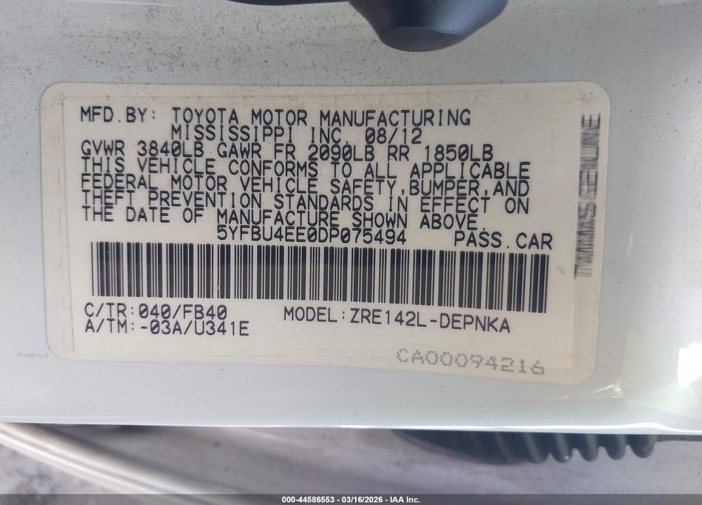 2013 TOYOTA COROLLA LE VIN: 5YFBU4EE0DP075494