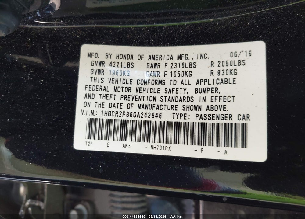 2016 HONDA ACCORD EX-L VIN: 1HGCR2F86GA243846
