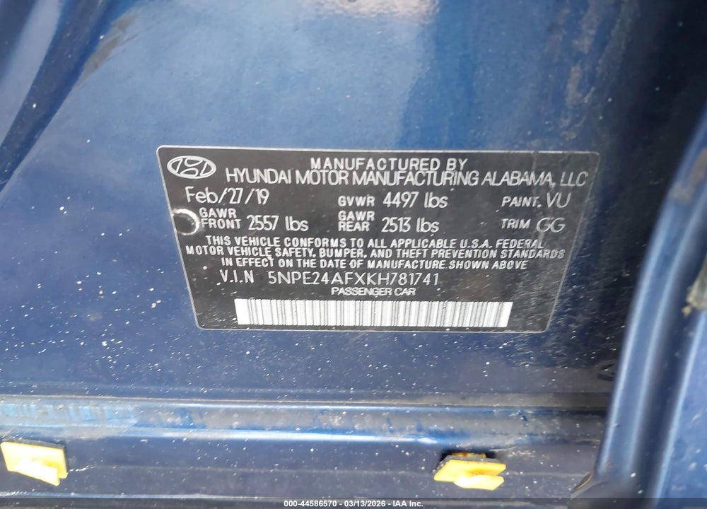 2019 HYUNDAI SONATA SE VIN: 5NPE24AFXKH781741