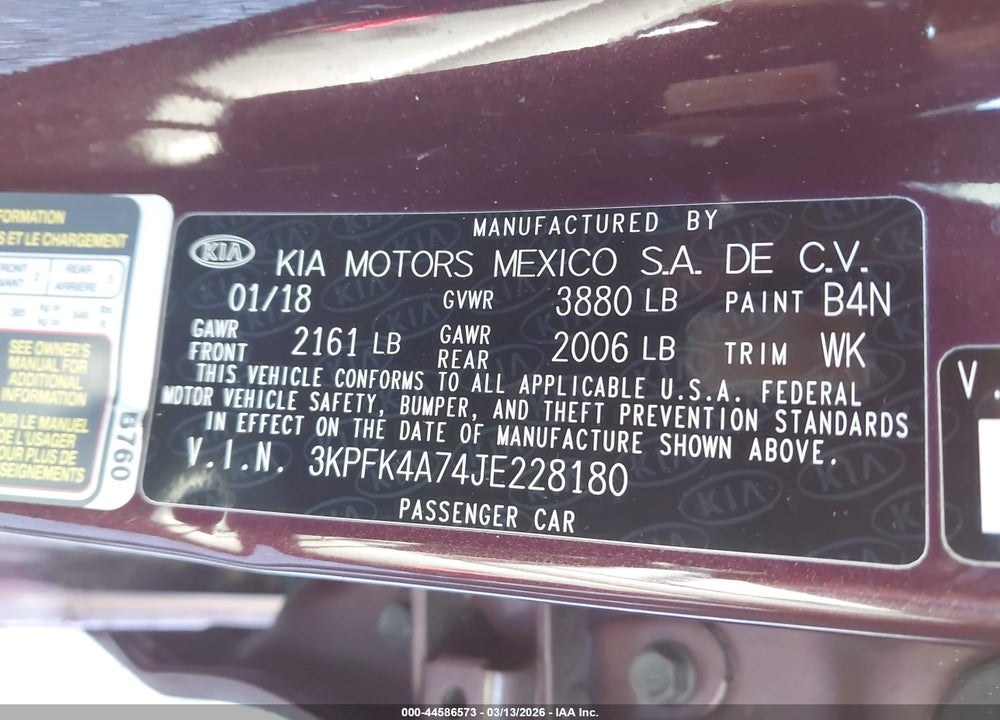 2018 KIA FORTE LX VIN: 3KPFK4A74JE228180