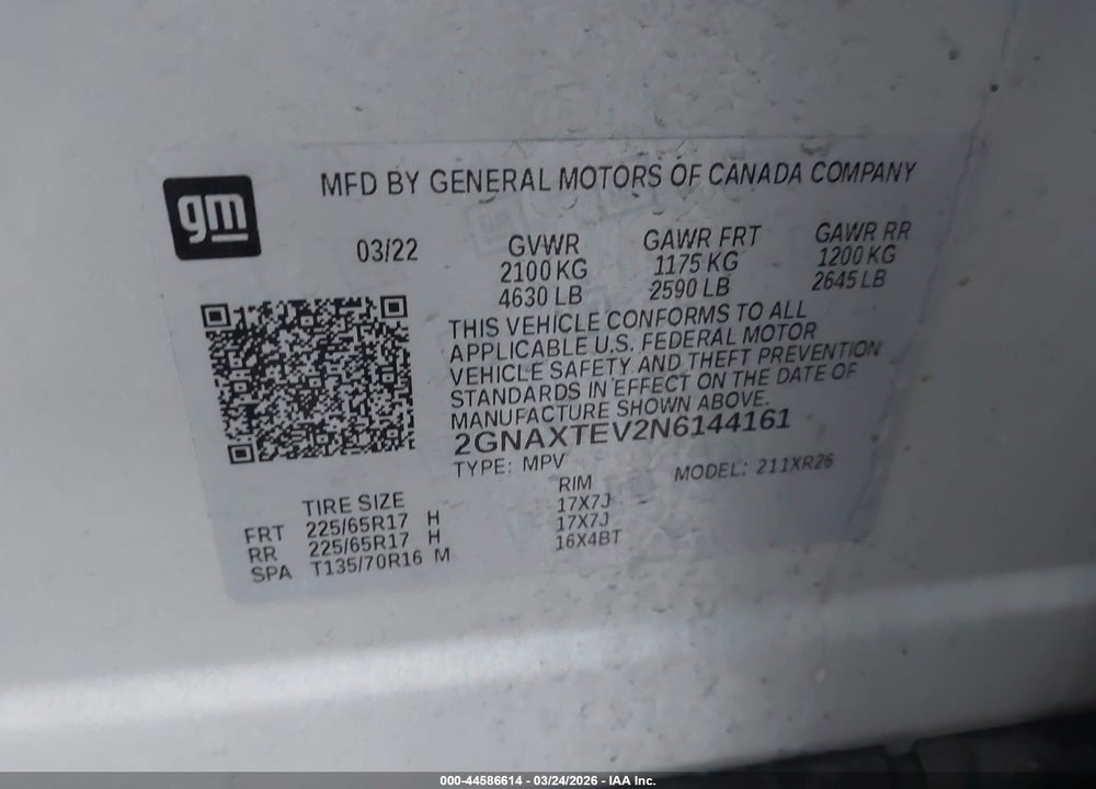 2022 CHEVROLET EQUINOX AWD 2FL VIN: 2GNAXTEV2N6144161