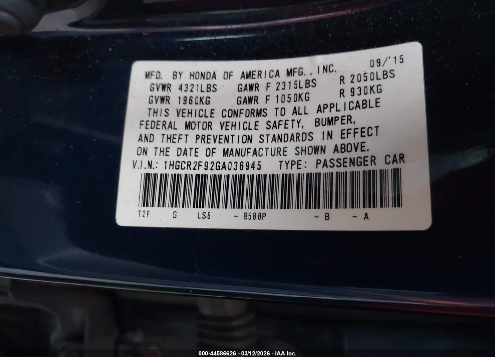 2016 HONDA ACCORD EX-L VIN: 1HGCR2F92GA036945