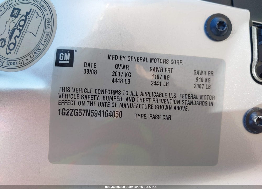 2009 PONTIAC G6 VIN: 1G2ZG57N594164050