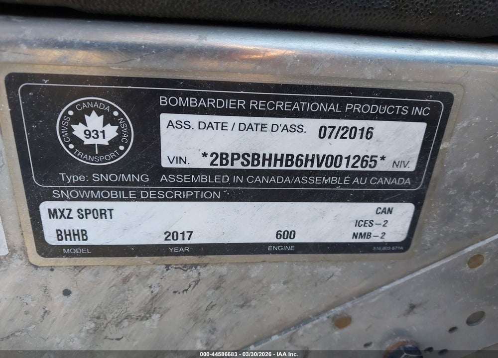 2017 SKI DOO MXZ 1000 VIN: 2BPSBHHB6HV001265