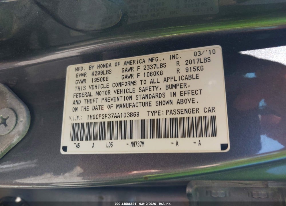 2010 HONDA ACCORD 2.4 LX VIN: 1HGCP2F37AA103869