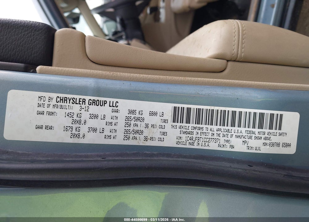 2012 JEEP GRAND CHEROKEE LIMITED VIN: 1C4RJFBT1CC277371