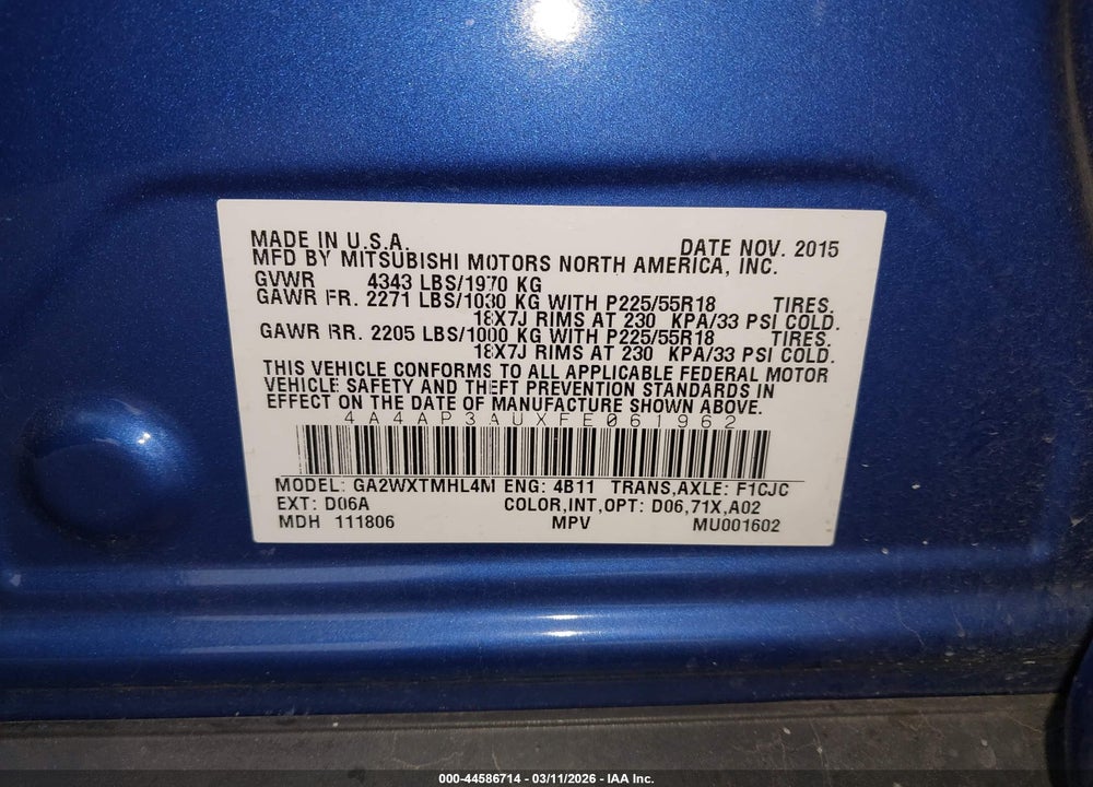 2015 MITSUBISHI OUTLANDER SPORT ES VIN: 4A4AP3AUXFE061962