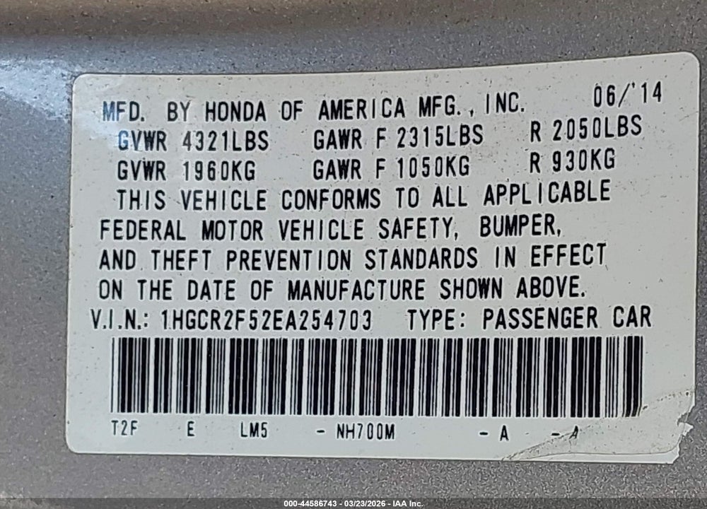 2014 HONDA ACCORD SPORT VIN: 1HGCR2F52EA254703