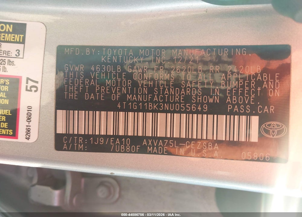2022 TOYOTA CAMRY SE AWD VIN: 4T1G11BK3NU055649