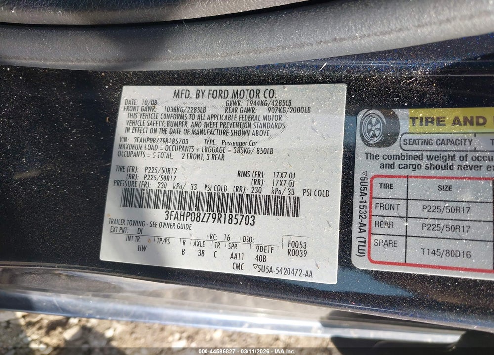 2009 FORD FUSION SEL VIN: 3FAHP08Z79R185703