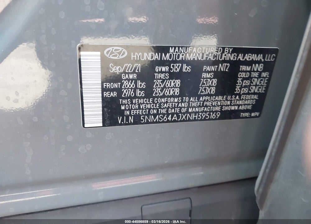 2022 HYUNDAI SANTA FE XRT VIN: 5NMS64AJXNH395169