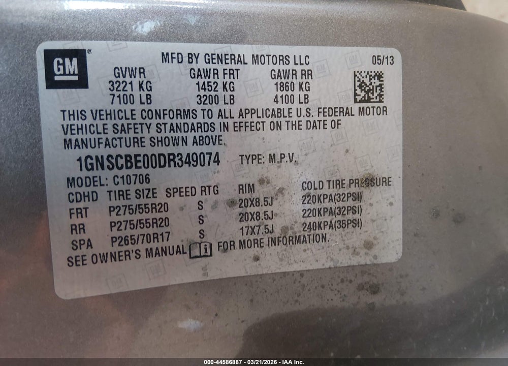 2013 CHEVROLET TAHOE LT VIN: 1GNSCBE00DR349074