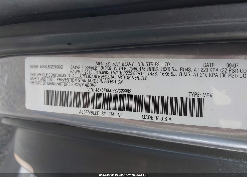2008 SUBARU OUTBACK VIN: 4S4BP60C887329982