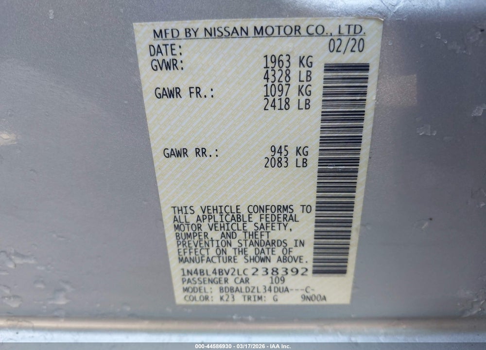 2020 NISSAN ALTIMA S FWD VIN: 1N4BL4BV2LC238392