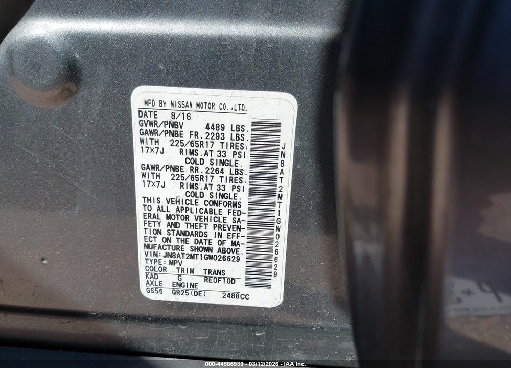 2016 NISSAN ROGUE S VIN: JN8AT2MT1GW026629