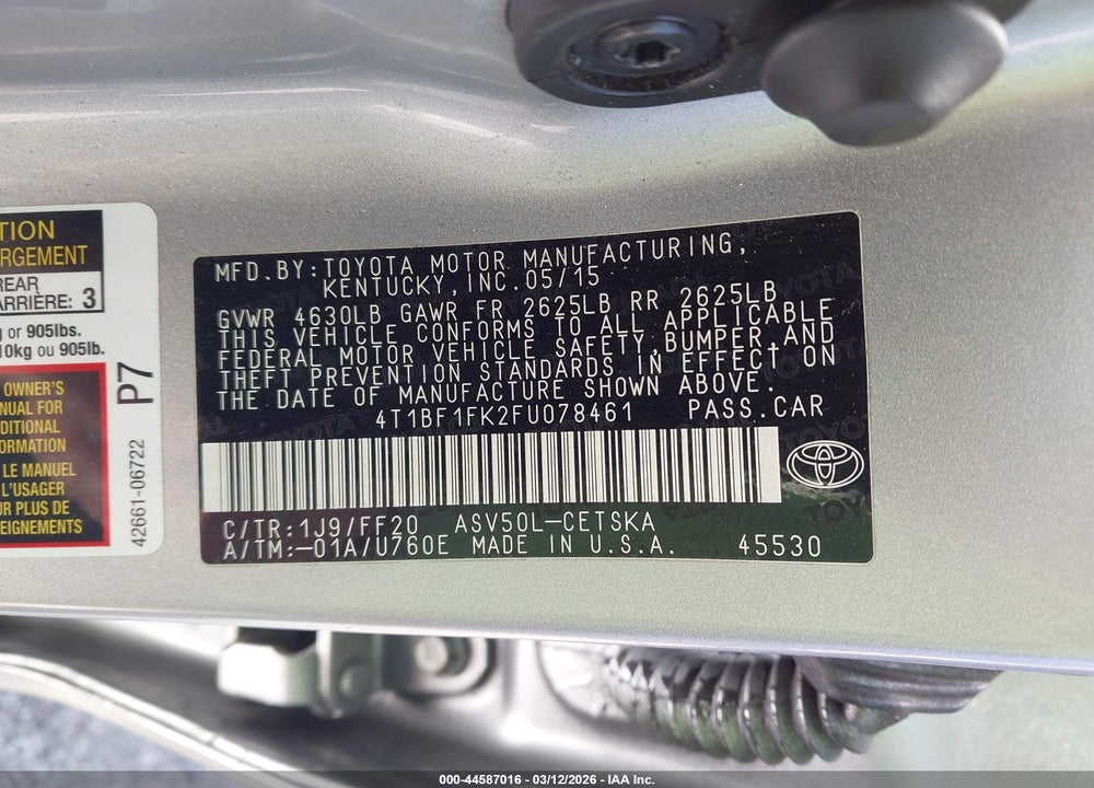 2015 TOYOTA CAMRY SE VIN: 4T1BF1FK2FU078461