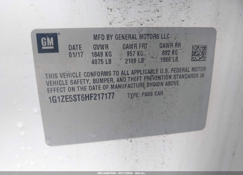 2017 CHEVROLET MALIBU 1LT VIN: 1G1ZE5ST6HF217177
