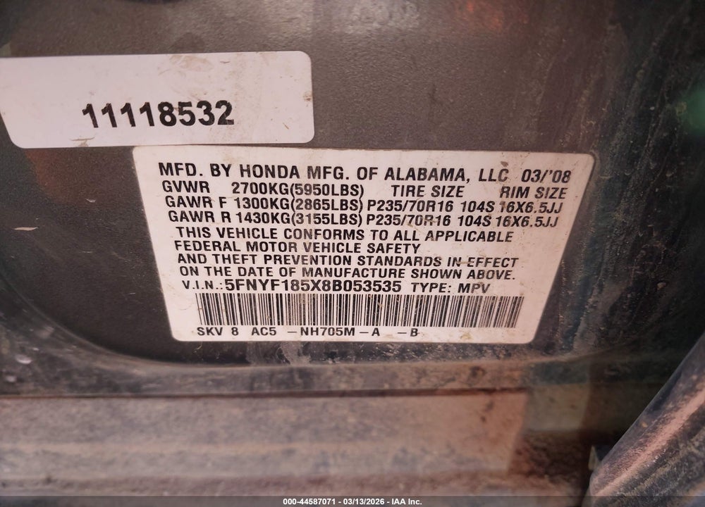 2008 HONDA PILOT EX-L VIN: 5FNYF185X8B053535