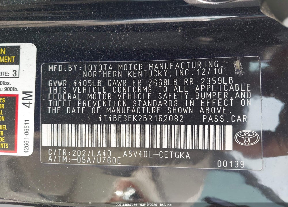 2011 TOYOTA CAMRY XLE VIN: 4T4BF3EK2BR162082