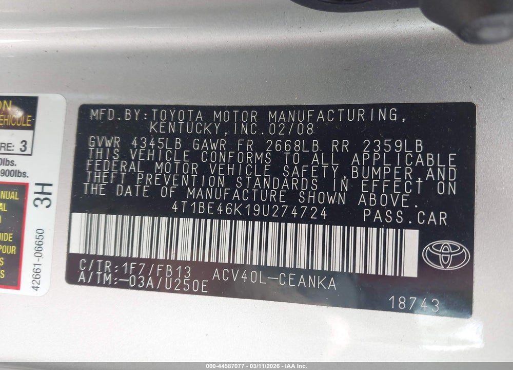 2009 TOYOTA CAMRY LE VIN: 4T1BE46K19U274724