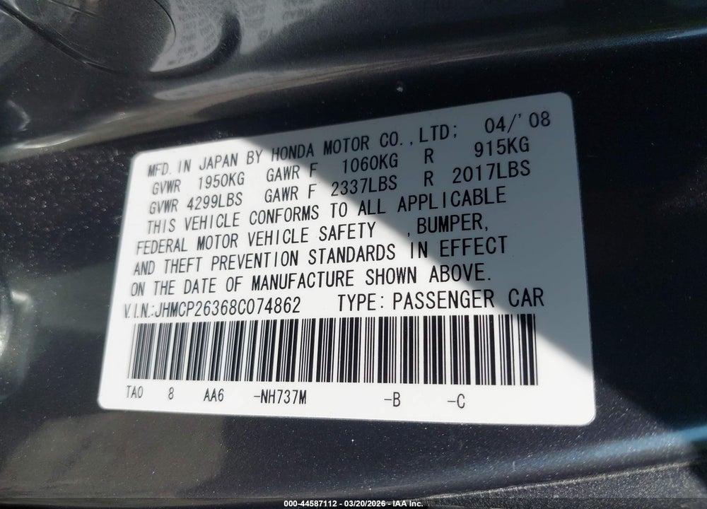 2008 HONDA ACCORD 2.4 LX VIN: JHMCP26368C074862