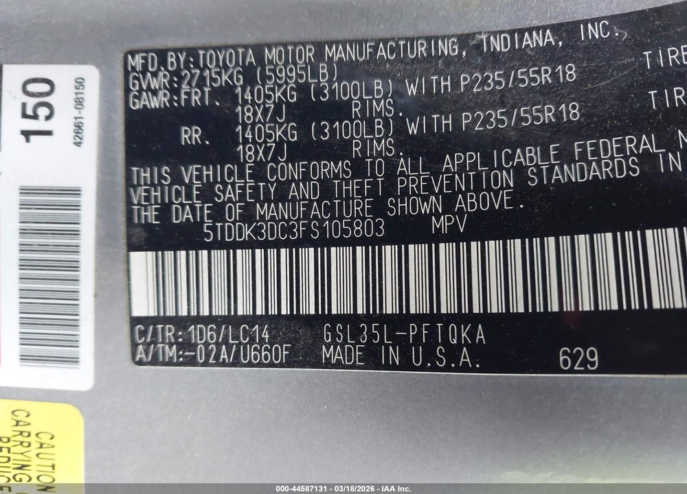 2015 TOYOTA SIENNA XLE 7 PASSENGER VIN: 5TDDK3DC3FS105803