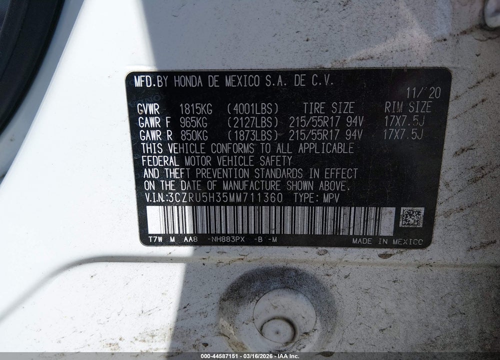 2021 HONDA HR-V 2WD LX VIN: 3CZRU5H35MM711360