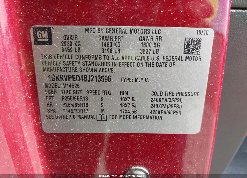 2011 GMC ACADIA SLE VIN: 1GKKVPED4BJ213596