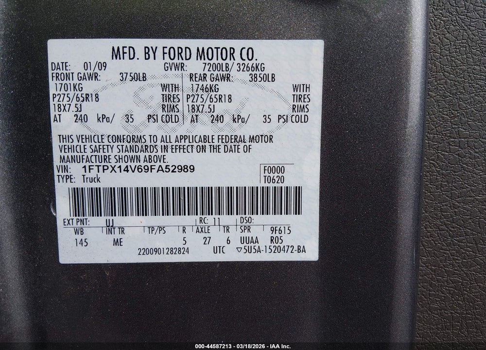 2009 FORD F-150 FX4/LARIAT/XL/XLT VIN: 1FTPX14V69FA52989