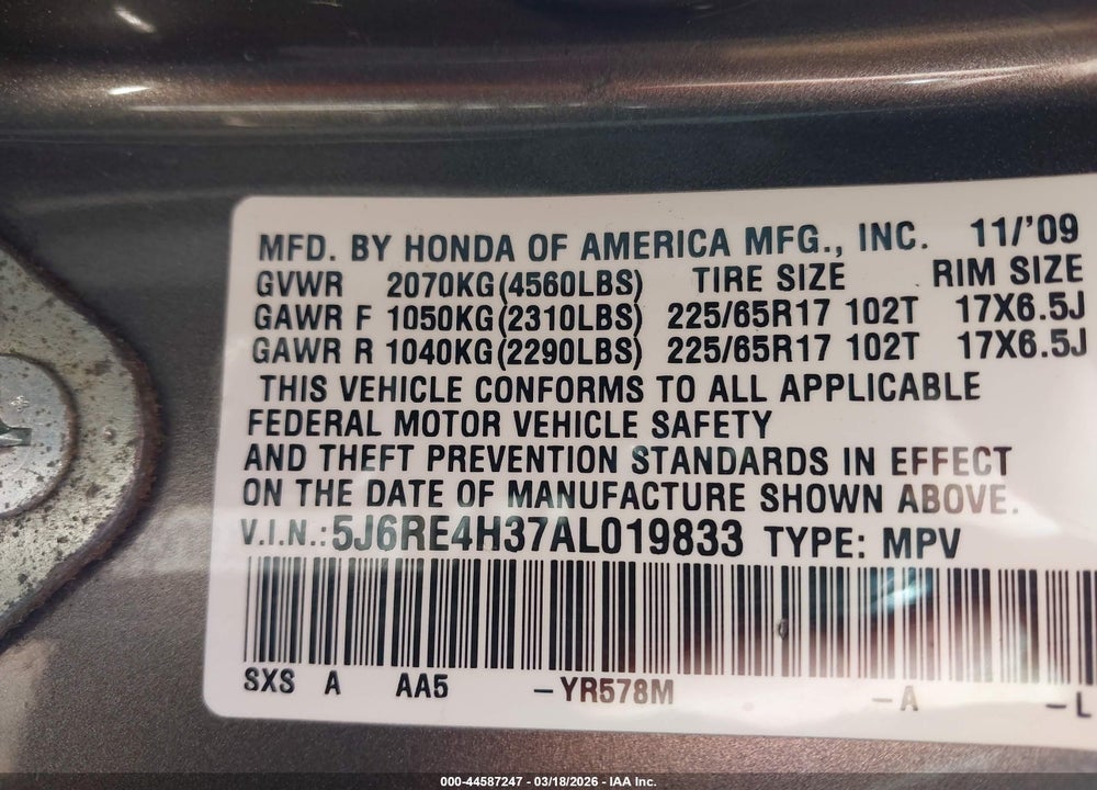 2010 HONDA CR-V LX VIN: 5J6RE4H37AL019833
