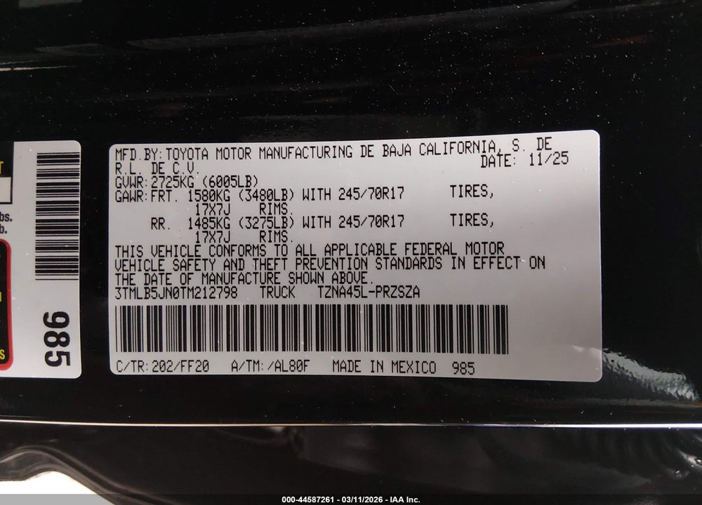 2026 TOYOTA TACOMA SR5 VIN: 3TMLB5JN0TM212798