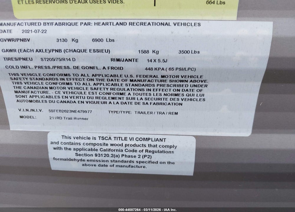 2022 HEARTLAND TRAILRU VIN: 5SFEB2623NE479977