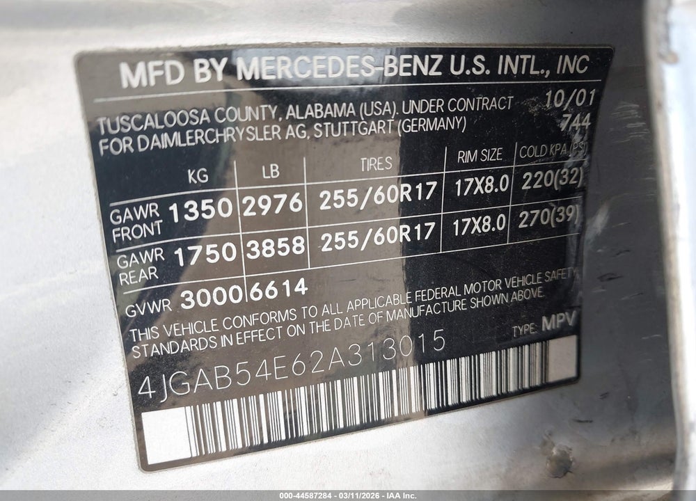 2002 MERCEDES-BENZ ML 320 VIN: 4JGAB54E62A313015