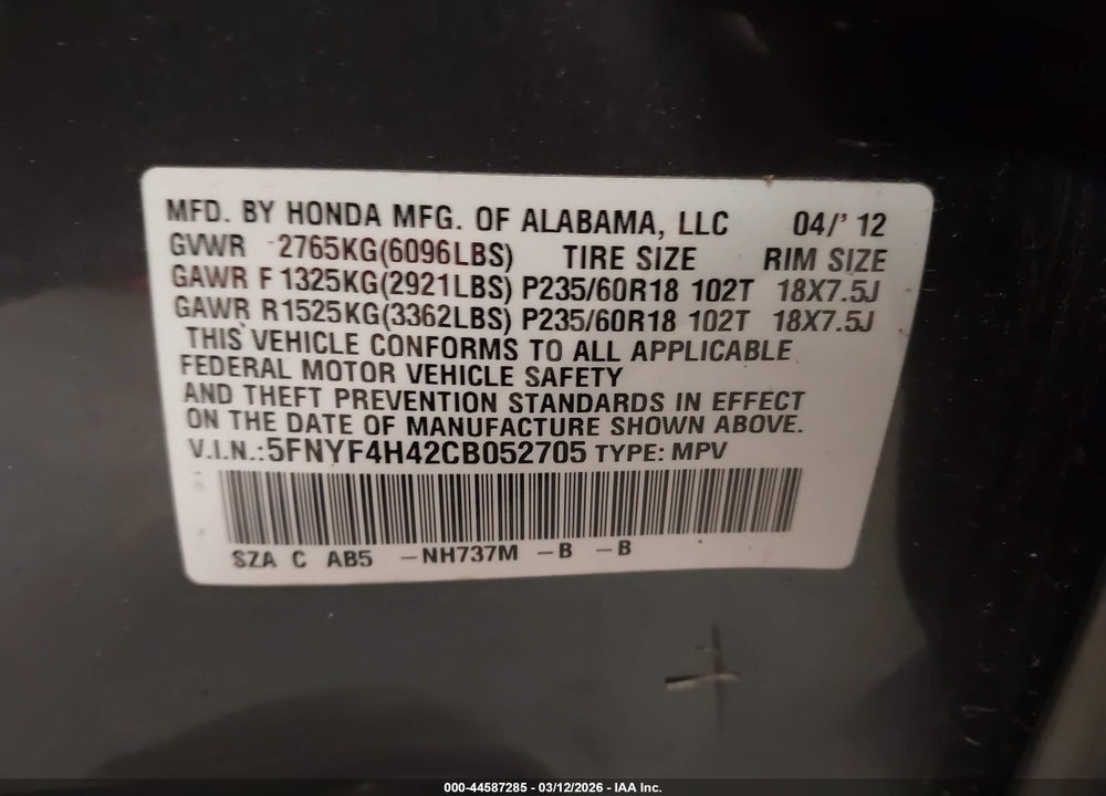 2012 HONDA PILOT EX VIN: 5FNYF4H42CB052705