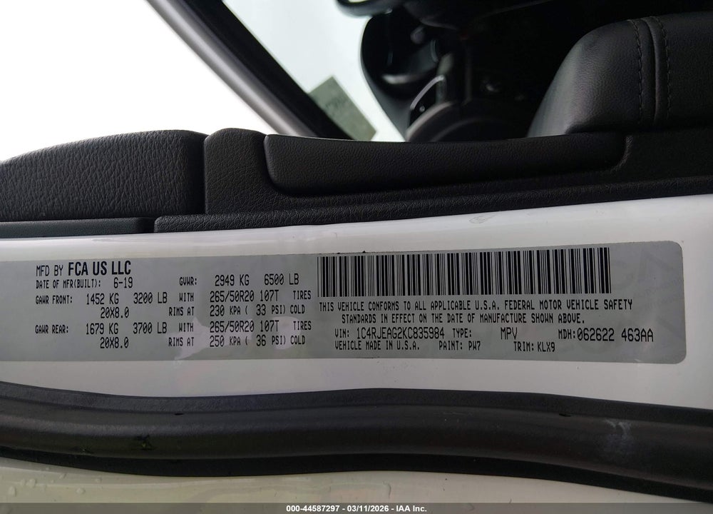 2019 JEEP GRAND CHEROKEE ALTITUDE 4X2 VIN: 1C4RJEAG2KC835984