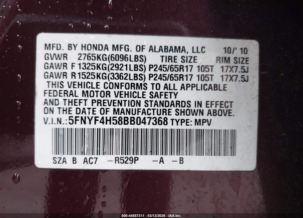 2011 HONDA PILOT EX-L VIN: 5FNYF4H58BB047368