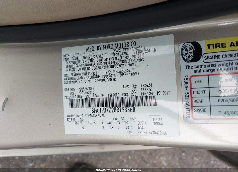 2008 FORD FUSION SE VIN: 3FAHP07Z28R153368