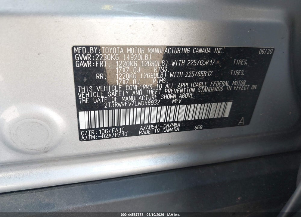 2020 TOYOTA RAV4 HYBRID XLE VIN: 2T3RWRFV7LW088932