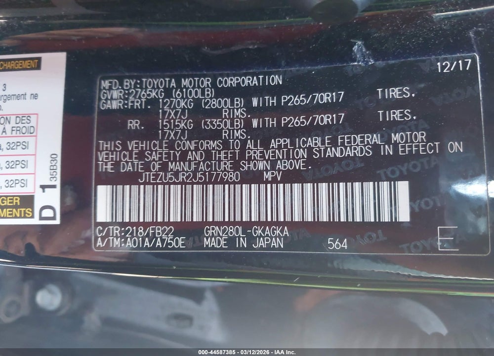 2018 TOYOTA 4RUNNER SR5 VIN: JTEZU5JR2J5177980