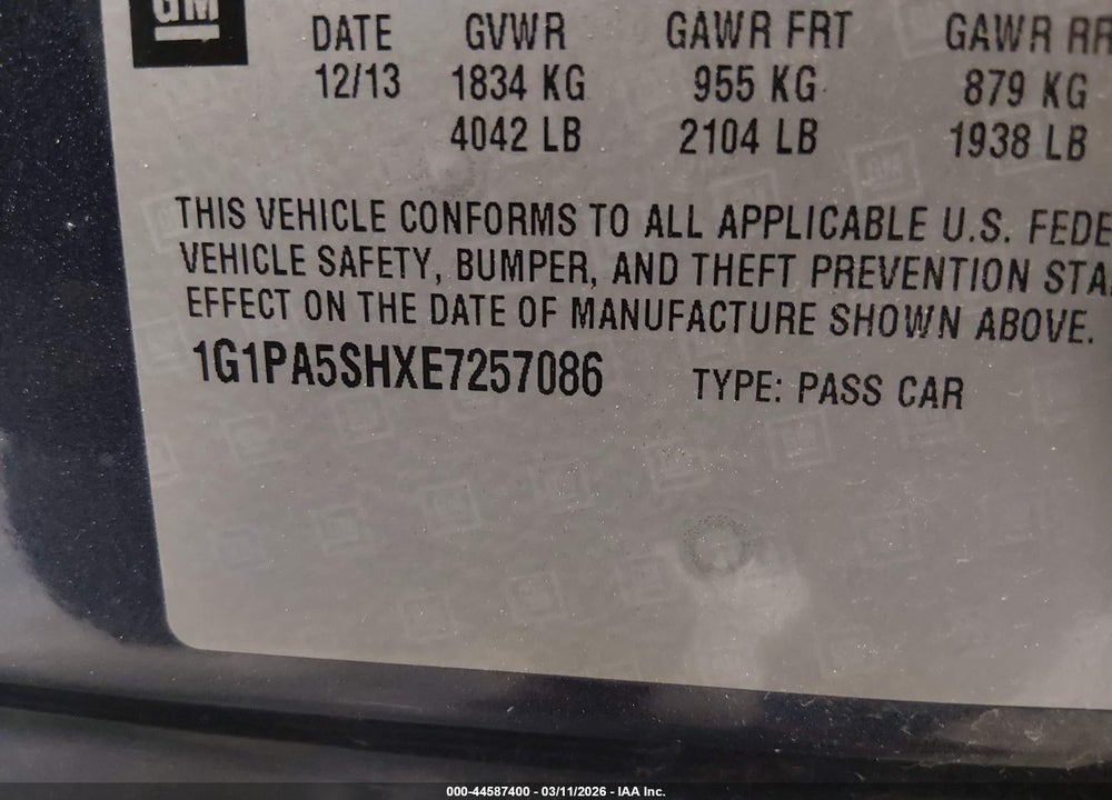 2014 CHEVROLET CRUZE LS AUTO VIN: 1G1PA5SHXE7257086